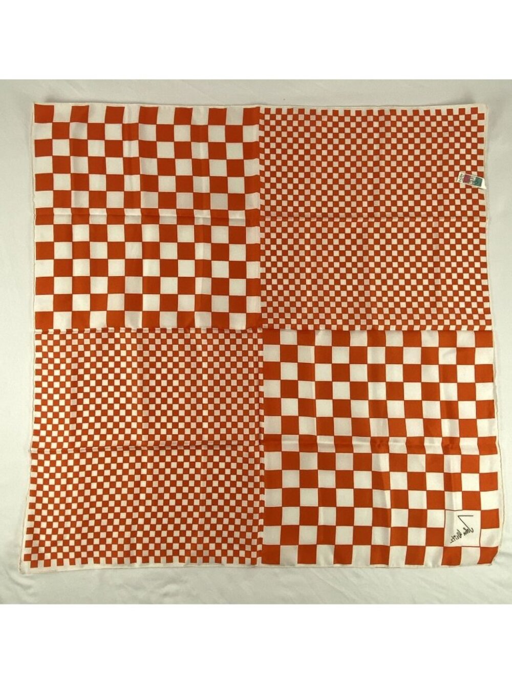 John Weitz Vintage Orange & White Checkered Scarf 26" Square Made In Italy - Picture 2 of 9